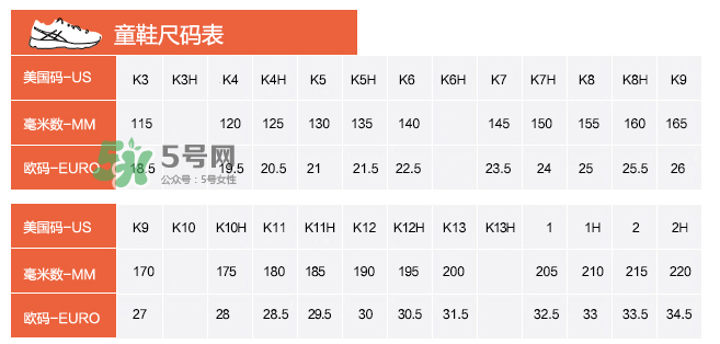 Asics童鞋尺碼對(duì)照表 Asics童鞋尺碼怎么選？